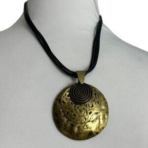 Premier Designs Textured Metal Bohemian Round Disc Pendant Corded 20" Long